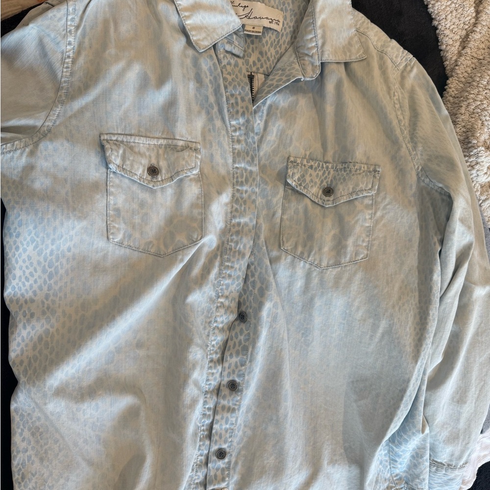 Vintage Havana Light Blue Animal Print Zip Back Button Up Shirt Size S - Picture 9 of 10